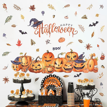 clothmile 38.18 x 36.15 Inch Halloween Wall Decals Halloween Pumpkins Bat Leaves Wall Stickers Removable Halloween Peel and Stick Sticker for Halloween Party Supplies Home Window Decor