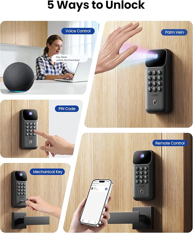 Lockin Veno Go Smart Deadbolt Lock with Dual Swappable Batteries for 14-Month Extended Power, Palm Vein Recognition, ANSI Grade 3, WiFi, Matter, 5 Unlock Methods, IP53 Waterproof