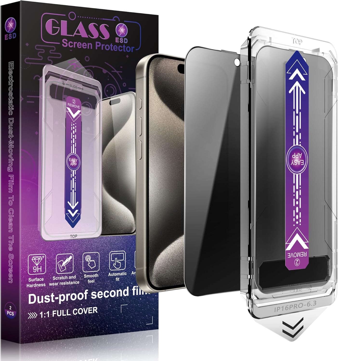 2 Pack Privacy Screen Protector for iPhone 16 Pro 6.3-Inch Auto Dust Removal, No Bubbles,Anti-Spy Tempered Glass Film, Easy Installation