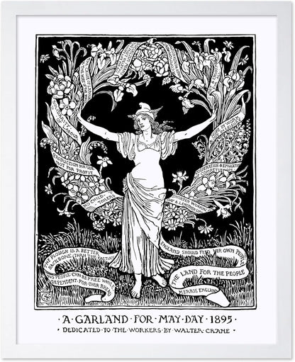 Poster Master Vintage Walter Crane Poster - Retro A Garland for May Day Print - Socialist Art - Gift for Him, Her, Men, Women - Wall Decor for Home, Office, Living Room, 8x10 White Framed