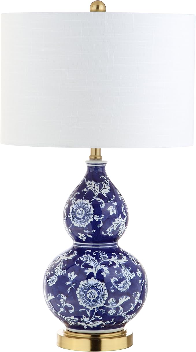 JONATHAN Y 27" Blue/White Ceramic Chinoiserie Table Lamp, Traditional Floral Double Gourd Vase Lamp with White Linen Drum Shade, Brass Gold Base, LED Bulb Included JYL3003A