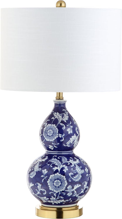 JONATHAN Y 27" Blue/White Ceramic Chinoiserie Table Lamp, Traditional Floral Double Gourd Vase Lamp with White Linen Drum Shade, Brass Gold Base, LED Bulb Included JYL3003A