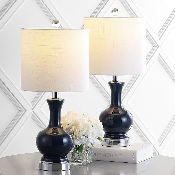 JONATHAN Y 22" Navy/Chrome Modern Glass Table Lamp Set of 2, Brass Gold Bedside Lamp with White Linen Shade for Bedroom Living Room, LED Bulbs Included (JYL4033C-SET2)