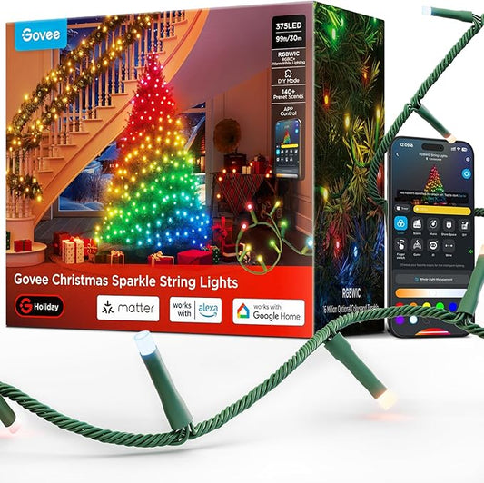 Govee Christmas Sparkle String Lights 99ft, RGBWIC String Lights with 375 Bullet-Head LEDs, App-Controlled, 140+ Scene Modes, 3D Shape Mapping, Works with SmartThings, Indoor Holiday Decorations