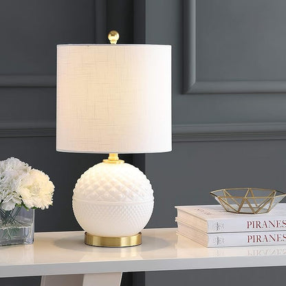 JONATHAN Y 20.5" White/Brass Gold Glass/Metal Table Lamp, Contemporary Hobnail Texture Globe Lamp with White Linen Shade for Living Room Bedroom, LED Bulb Included JYL1040A
