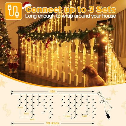 Ollny Icicle Lights Outdoor Warm White, 594LED 49FT Christmas Lights with Remote 8 Modes Dimmable, Waterproof Connectable Timer Hanging Lights for House Outside Yard Indoor Decorations