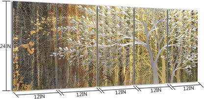 Yihui Arts Gold Metal Wall Art Handcrafted Tree on Aluminum Artwork Modern Forest Pictures with 3D for Living Room Bedroom Kitchen Decor