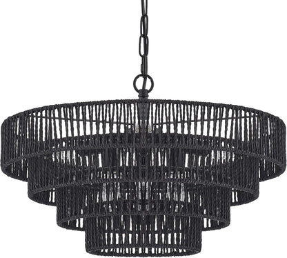20” Hand-Woven Rattan Chandelier 6-Lights Transitional Minimalist 4 Round Boho Large Pendant Light for Kitchen Island Dining Room Living Room Hallway, Matte Black, UL Listed