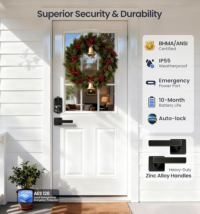 Veise VE017-B Fingerprint Smart Lock for Front Door, App Control, 8-in-1 Keyless Entry Deadbolt with 2 Zinc Alloy Lever Handles Set, Emergency Power Port, Auto Lock, Electronic Keypad, Black