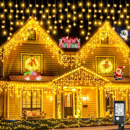 Icicle Christmas Lights, 98FT 1216 LED Icicle Lights for Outside with 228 Drops, 8 Modes Waterproof Twinkle String Lights for House Bedroom Wedding Holiday Decorations, Warm White