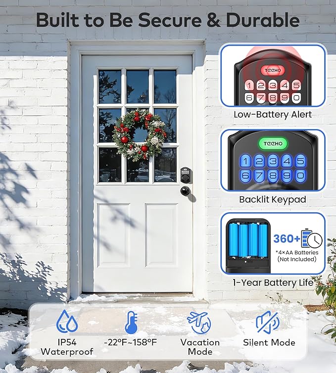 TEEHO TE001K Keyless Entry Door Lock with Handle, Electronic Keypad Deadbolt with 2 Knobs, High-Security Front Door Handle Set for Home & Rental, Smart Auto-Locking, Easy Install, Matte Black