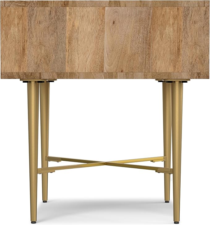SIMPLIHOME Fallon End Table - 20 inch Wide Solid Mango Wood Square Accent Table with Open Storage Compartment and Gold Metal Base in Natural, Contemporary Nightstand for Living Room or Bedroom