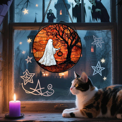 Stained Glass Window Hanging - Halloween Ghost Holding A Pumpkin Lantern Suncatcher for Door Garden Spooky Tree Sun Catchers Gothic Decorations Horror Gifts for Women Men Friend 11.8 in