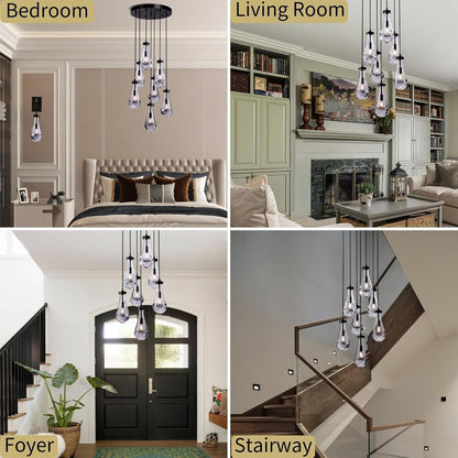 7 Light Raindrop Chandeliers, Bronze Teardrop Cluster Pendant Lights Kitchen Island, Black Dining Room Chandelier Over Table Hanging Pendant Lighting for High Ceiling, Entryway Staircase