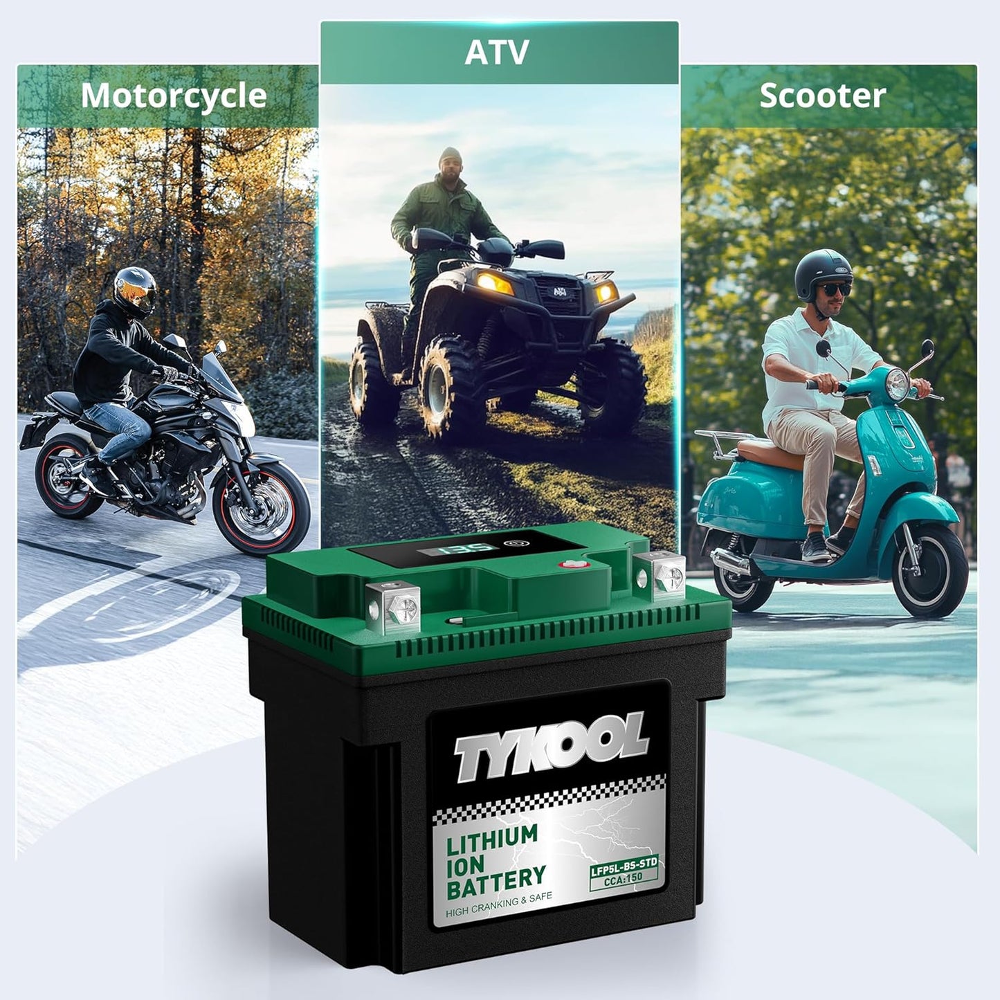 TYKOOL YTX5L-BS YTZ7S 2X Cranking Amps 150A, Lithium LiFePO4 Motorcycle Battery,12.8V 3Ah, Digital Readout, Fits for ATV,Honda Rukus Scooter,Moped