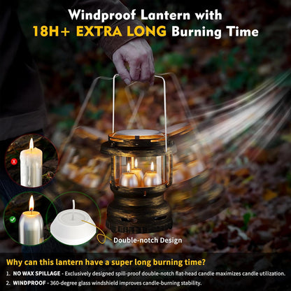 3-Wick Emergency Candle Lantern for Power Outages [18H+ Burning Time] Vintage Decorative Candle Lantern for Real Candles, Outdoor Portable Camping Survival Lighting [7.1"*5.7" - Vintage Brass]
