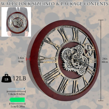 HOIBAI Large Wall Clock, Wall Clocks for Living Room Decor 30 Inch Farmhouse Vintage Rustic Kitchen Wall Decor Vintage Roman Oversized Wall Clock for Home Bedroom House, Moving Gears Clock