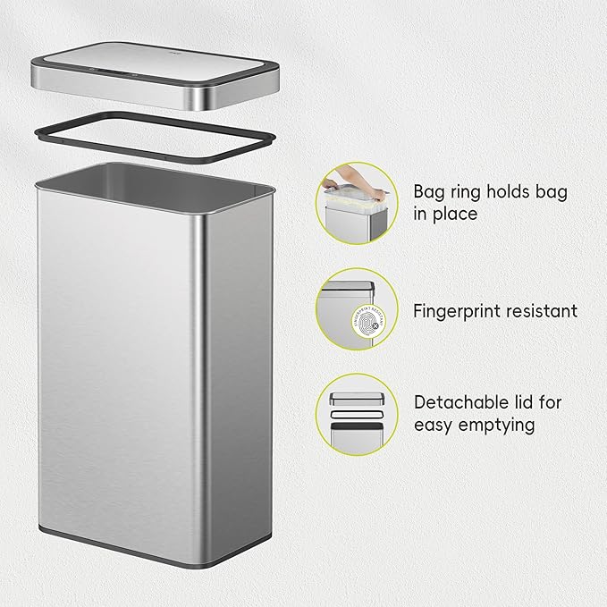 EKO Nova Sensor Trash Can, 21 Gallon/80 Liter Stainless Steel Rectangular Touchless Motion Sensor Trash Can, Matte Metallic