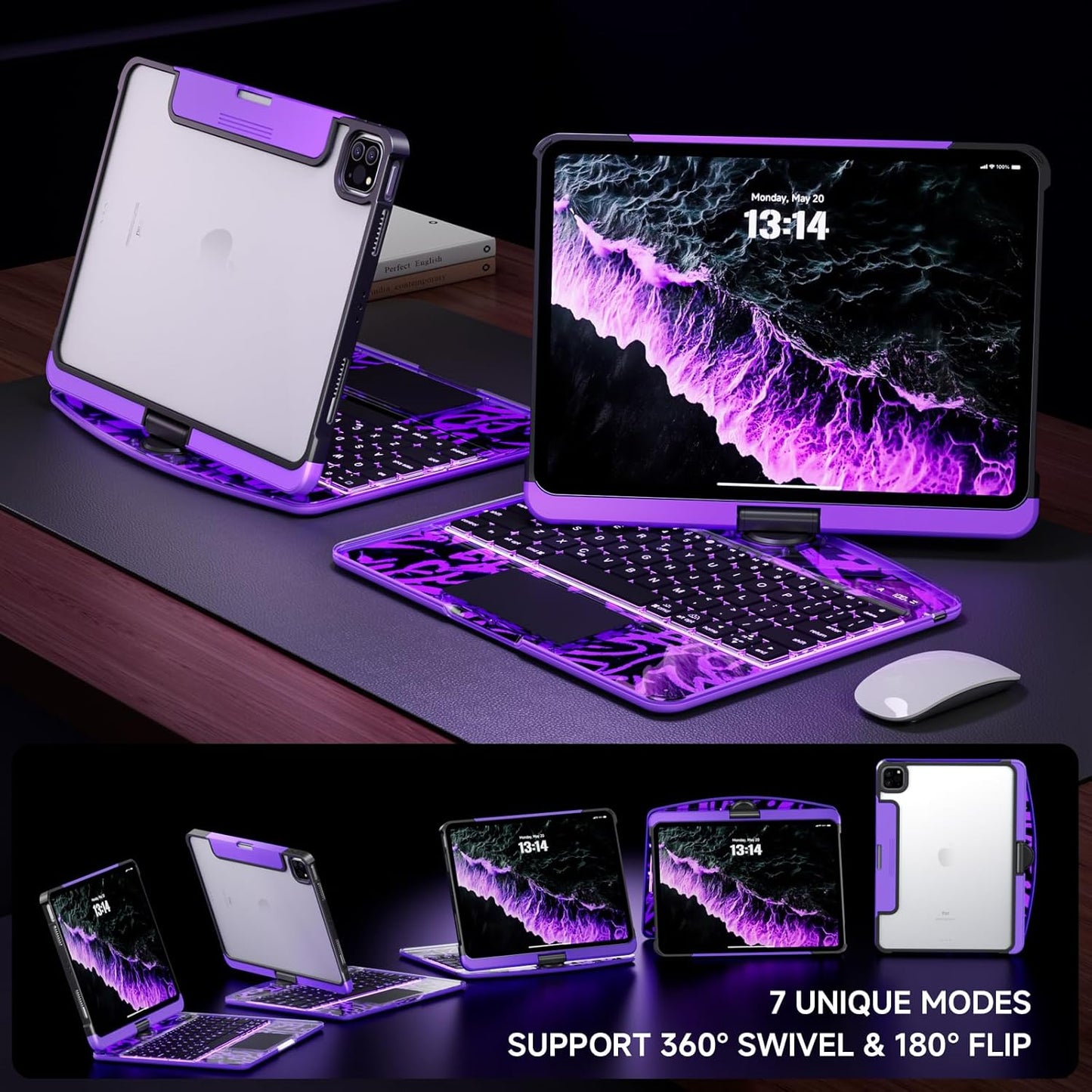 Transparent Case with Keyboard for iPad Air 13 Inch (M3/M2, 2025/2024), iPad Pro 12.9 Inch (6/5/4/3 Gen),7-Color Backlit,Magic wireless Keyboard, 360°Rotating,with trackpad,Pencil Holder,Purple