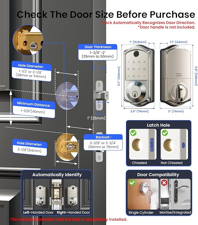 Veise VE017 Fingerprint Smart Door Lock, App Control, 8-in-1 Keyless Entry, Auto Lock, Emergency Power Port, Electronic Touchscreen Keypad, Biometric Smart Locks for Front Door, Satin Nickel