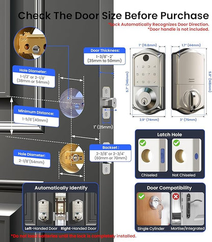 Veise VE017 Fingerprint Smart Door Lock, App Control, 8-in-1 Keyless Entry, Auto Lock, Emergency Power Port, Electronic Touchscreen Keypad, Biometric Smart Locks for Front Door, Satin Nickel