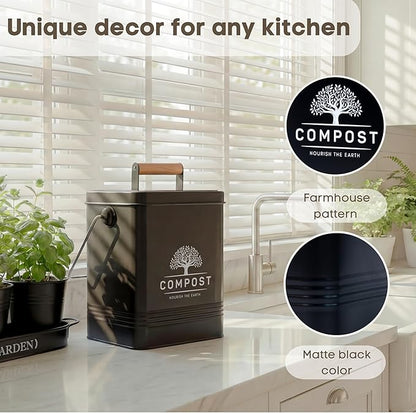 PERFNIQUE Kitchen Compost Bin, 1.7 Gallon Countertop Compost Bin with Lid, Indoor Compost Bin Includes 2 Carbon Filters, Small Compost Bucket, Food Waste Bin for Kitchen with Trash Bags (Matte Black)