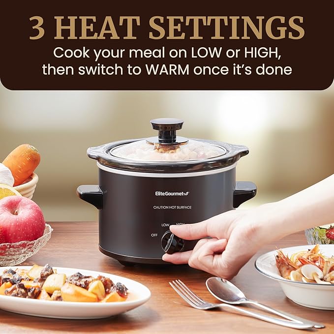 Elite Gourmet MST-250XB Electric Slow Cooker Ceramic Pot, with Adjustable Temp, Entrees, Sauces, Soups, Roasts, Stews & Dips, Dishwasher Safe (1.5 Quart, Black)