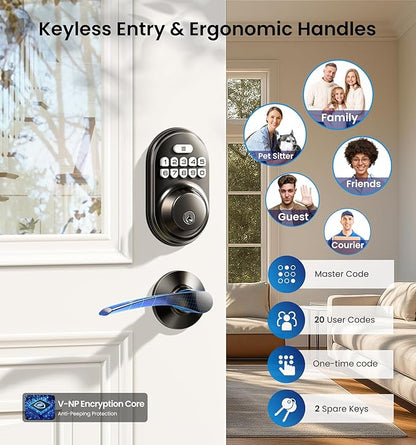 Veise Keyless Entry Door Lock with 2 Lever Handles - Electronic Keypad Deadbolt, Auto Lock, Back Lit & Easy Installation Design, Front Door Handle Sets, Matte Black