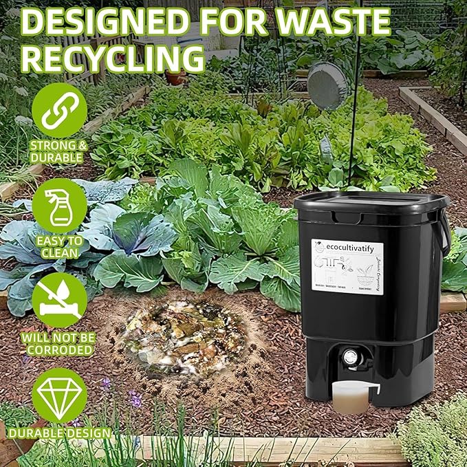 20L Bokashi Bucket with Air Sealing Lid, 5.28 Gallon Compost Bin, Kitchen Composter with Bran, Kitchen Compost Pail, ecocultivatify Bokashi Kit Set with Starter(Black)