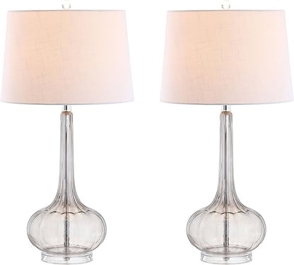 JONATHAN Y 28.5" Smoke Gray Glass Teardrop LED Table Lamp Set of 2 for Living Room Bedroom Nightstand, White Linen Shade Modern Transitional Bedside Desk Lamp (JYL1079D-SET2)