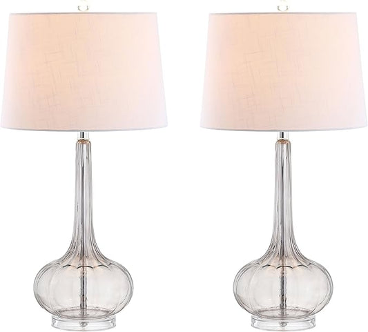 JONATHAN Y 28.5" Smoke Gray Glass Teardrop LED Table Lamp Set of 2 for Living Room Bedroom Nightstand, White Linen Shade Modern Transitional Bedside Desk Lamp (JYL1079D-SET2)