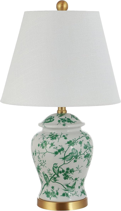 JONATHAN Y 22" White/Green Ceramic Table Lamp, French Country Chinoiserie Ginger Jar LED Bedside Lamp for Living Room Bedroom, White Linen Shade (JYL3005B)