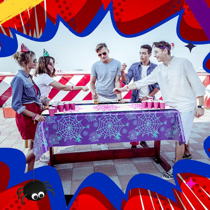 Oudain 3 Pack Spider Theme Birthday Decorations Halloween Purple Black Red Pink Green Web Ghost Bat Tablecloth Cartoon Table Cover Party Favor for Birthday (Purple,Black,Red,Spider)