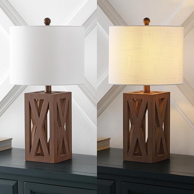 JONATHAN Y 21.5" Brown Farmhouse Wood Table Lamp for Bedside and Living Room, White Linen Drum Shade, Rustic Modern Desk Lamp for Bedroom, LED Bulb Included (JYL1062A-SET2)