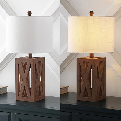 JONATHAN Y 21.5" Brown Farmhouse Wood Table Lamp for Bedside and Living Room, White Linen Drum Shade, Rustic Modern Desk Lamp for Bedroom, LED Bulb Included (JYL1062A-SET2)