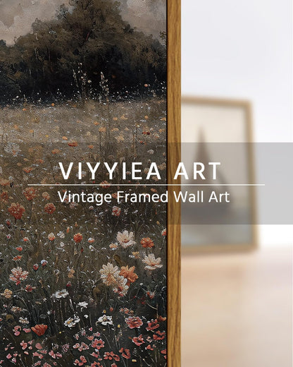 VIYYIEA Framed Canvas Wall Art Home Decor Vintage Landscape Nature Country Wildflower Paintings Farmhouse Pictures Floral Artwork Rustic Flower Prints Cottagecore Living Room Bedroom Bathroom 12x16in
