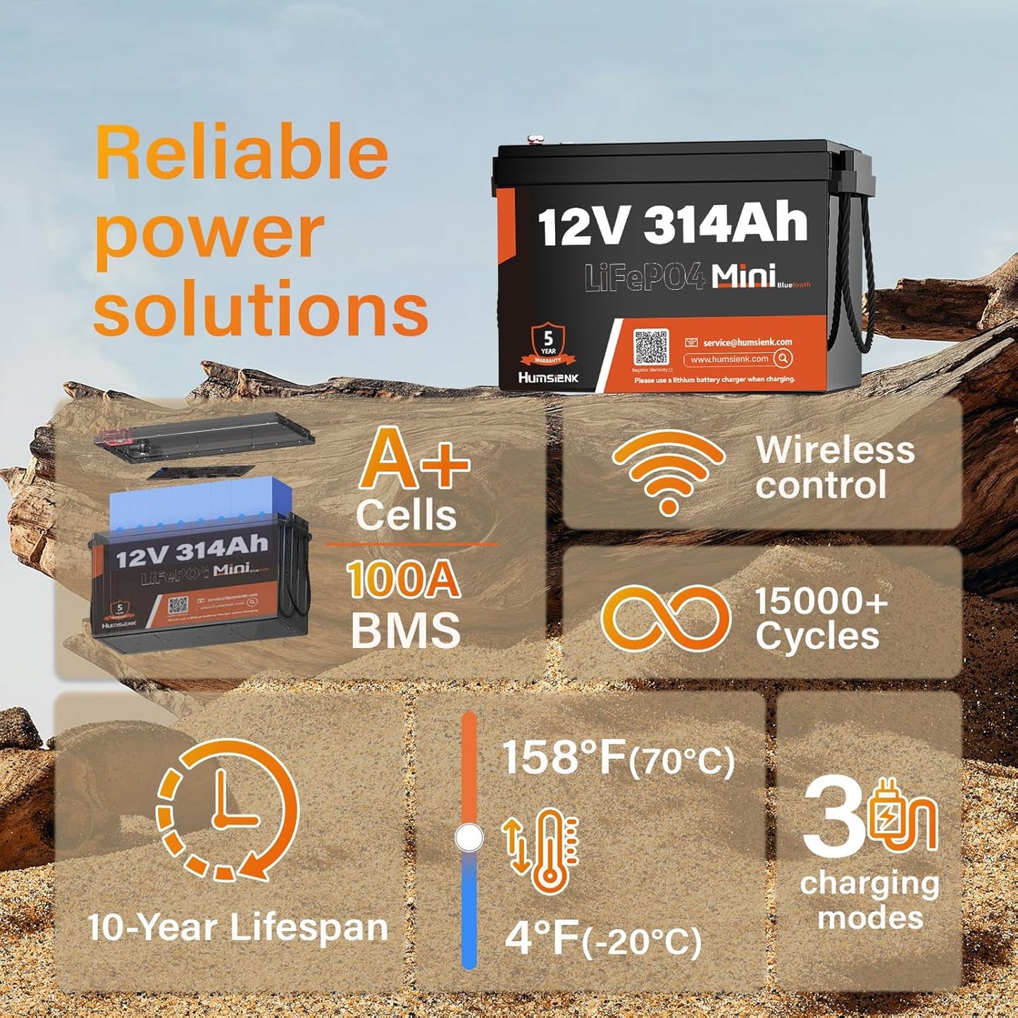 12V 300Ah (314Ah) LiFePO4 Lithium Battery Bluetooth MINI, Max. 4190Wh Energy, EV A+ Cells, Built-in 100A BMS, 15000 Deep Cycles Batterys for RV, Marine, Solar