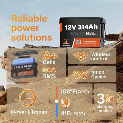 12V 300Ah (314Ah) LiFePO4 Lithium Battery Bluetooth MINI, Max. 4190Wh Energy, EV A+ Cells, Built-in 100A BMS, 15000 Deep Cycles Batterys for RV, Marine, Solar