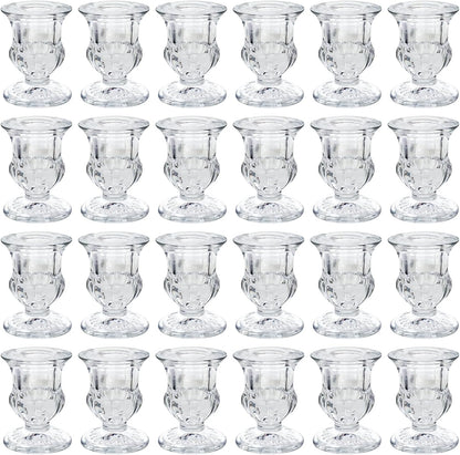 Glass Candle Holders Set of 24- Clear Candlestick Holders & Taper Candle Holders for Wedding Centerpiece Table Decorations, Valentines Day Decor, Party and Romantic Dinner