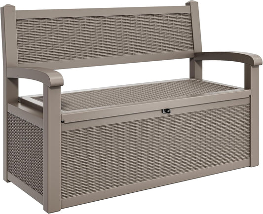 YITAHOME 70 Gallon Storage Bench Deck Box, Lockable Patio Bench, Waterproof Outdoor Pool Deck Storage for Patio Cushions, Garden Tools and Pool Supplies, Light Brown
