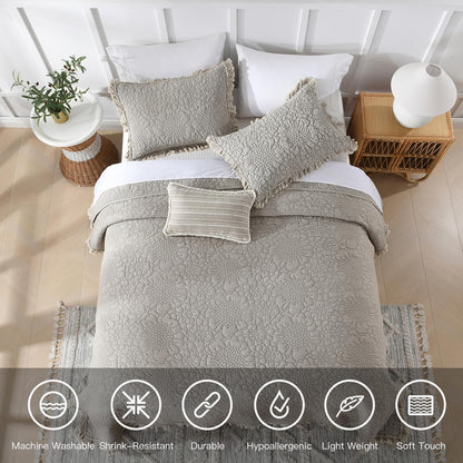 HORIMOTE HOME Beige Ruffled Quilt Twin Size, Stone-Washed Microfiber Lightweight Crinkled Farmhouse Rustic Shabby Chic Bedding Set, 2 Pieces Reversible Bedspread with Pillow Sham for All Season