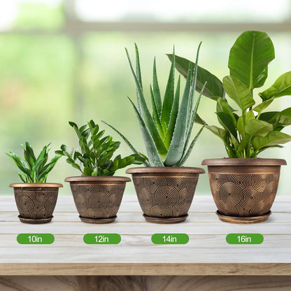 14 Inch Large Planter Pot for Plants Indoor Outdoor, 4 Pack Plastic Flower Pots with Drainage Hole & Tray, Modern Decorative Garden Pot with Saucer, Plant Container for House