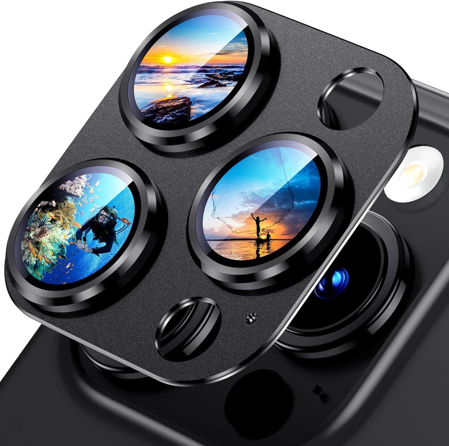Uyiton Compatible with iPhone 15 Pro/iPhone 15 Pro Max Camera Lens Protector, [Not Easy to Break][Strong Adsorption][Case-Friendly] Metal Tempered Glass Rear Camera Screen Cover - Matte Black