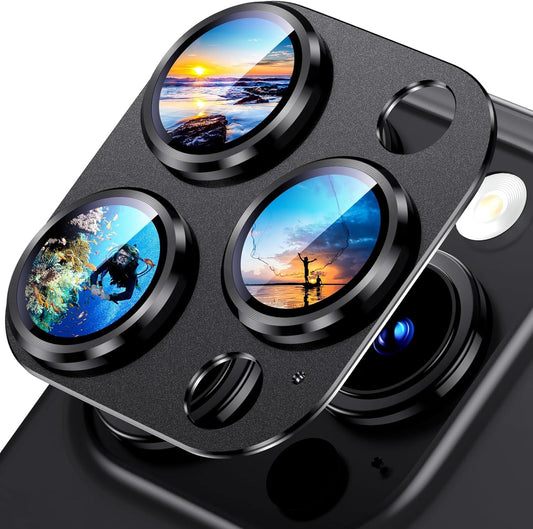 Uyiton Compatible with iPhone 15 Pro/iPhone 15 Pro Max Camera Lens Protector, [Not Easy to Break][Strong Adsorption][Case-Friendly] Metal Tempered Glass Rear Camera Screen Cover - Matte Black