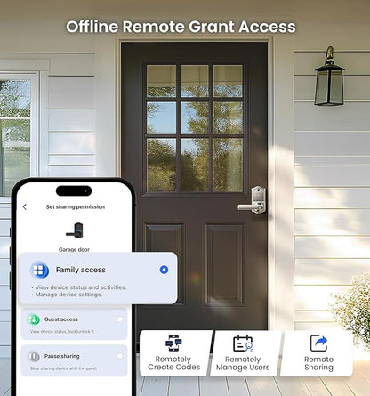 Veise VE019 Fingerprint Smart Lever Lock - APP Control, Keypad Door Lock with Handle, Keyless Entry for Front Door and Bedroom, Electronic Digital Knob, Remote Grant, IP55 Weatherproof, Satin Nickel