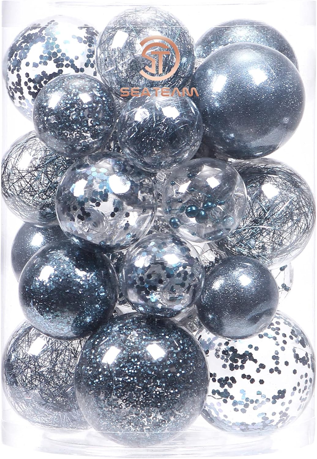 Sea Team Multi-Size Shatterproof Clear Plastic Christmas Tree Ball Ornaments Set, Decorative Hanging Transparent Xmas Baubles with Stuffed Delicate Decorations (25 Counts, Stone Blue)