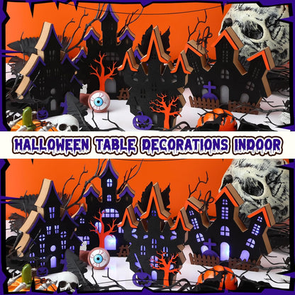 Bucherry 4 Pack Halloween Table Haunted House Decor Lighted Wooden Village Ghost House 3D Tabletop Decorations for Halloween Indoor Home Kitchen Desk Gift(New Style)