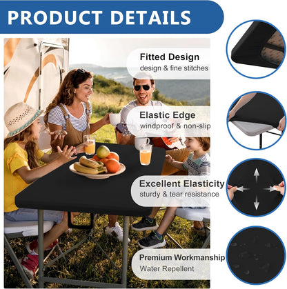 Fitted Tablecloth for 8 Foot Rectangle Tables-4 Pack Black Elastic Outdoor Picnic Table Cover-Spandex Stretch Folding Table Cloths 8ft for Camping Dining Room Patio Kitchen Banquet Party