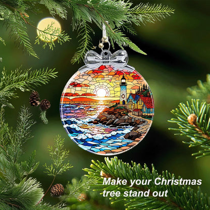 Lighthouse Stained Glass Christmas Ornament - Hanging Ornaments for Christmas Tree Decorations -Holiday Keepsake Present Exchange Idea