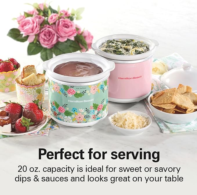 Hamilton Beach Party Dipper Electric Food Warmer Twin Pack, Great for Entertaining and Gifts, 20 oz. Capacity, For Desserts, Dips, Sauces, Cheeses, Solid Pink and Colorful Floral Print (33102)